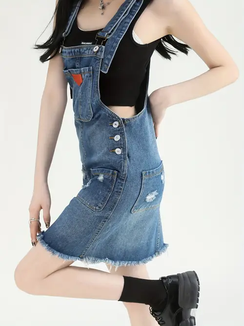 여성용 시크한 여름 데님 드레스 - 슬리밍 스파게티 스트랩 포켓, 비신축 면 혼방, 세탁기 사용 가능, 짧은 스커트, 안티에이징