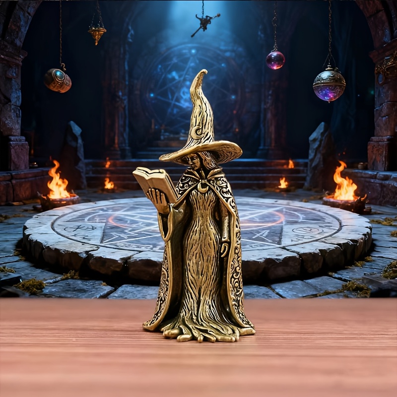 E-shop Mystische Zauberer Statue - Bronze Magisches Buch & Stab mit Mystischen Symbolen, Robuste Halloween Deko für Innen/Aussen für Tag der Toten,