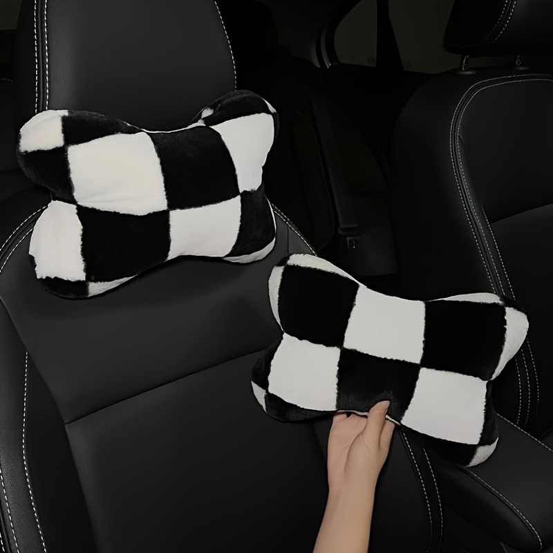 

1pc Happy Family Ergonomic Car Headrest Pillow, Checkered Design, Soft Comfortable Polyester Fiber Neck Support Cushion For Vehicle Seat, Car Pillow