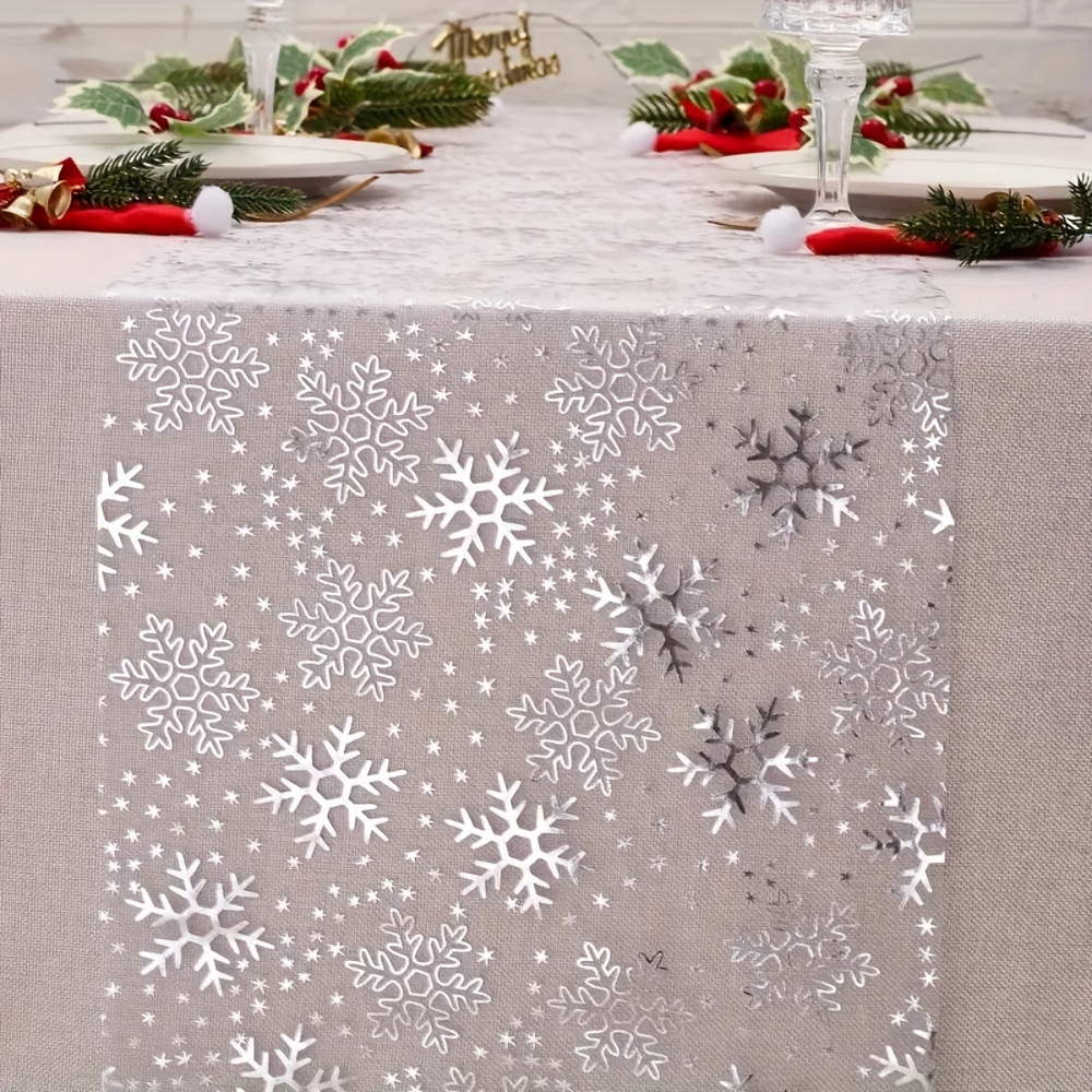 

Merry Christmas Snowflake Table Runner - Silvery Metallic, Polyester, Rectangular, Holiday Dining & Home Decor