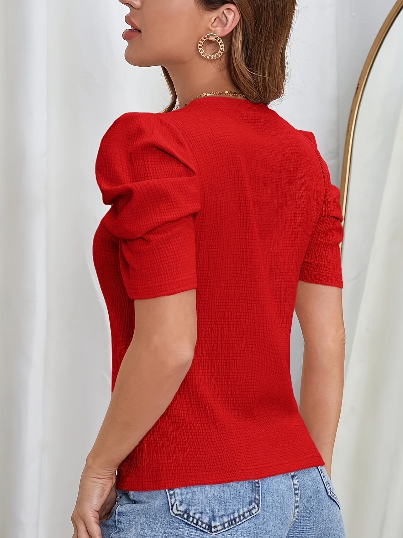 Women's Elegant Solid Color T-Shirt - Vibrant Red Round Neck Short Sleeve, Machine Washable & Dry Cleanable, Versatile Casual & Formal Wear, All-Season Comfort, Everyday Outfit, Puffed Sleeves, Soft Texture, Stylish Blouse, Fashion Lovers
