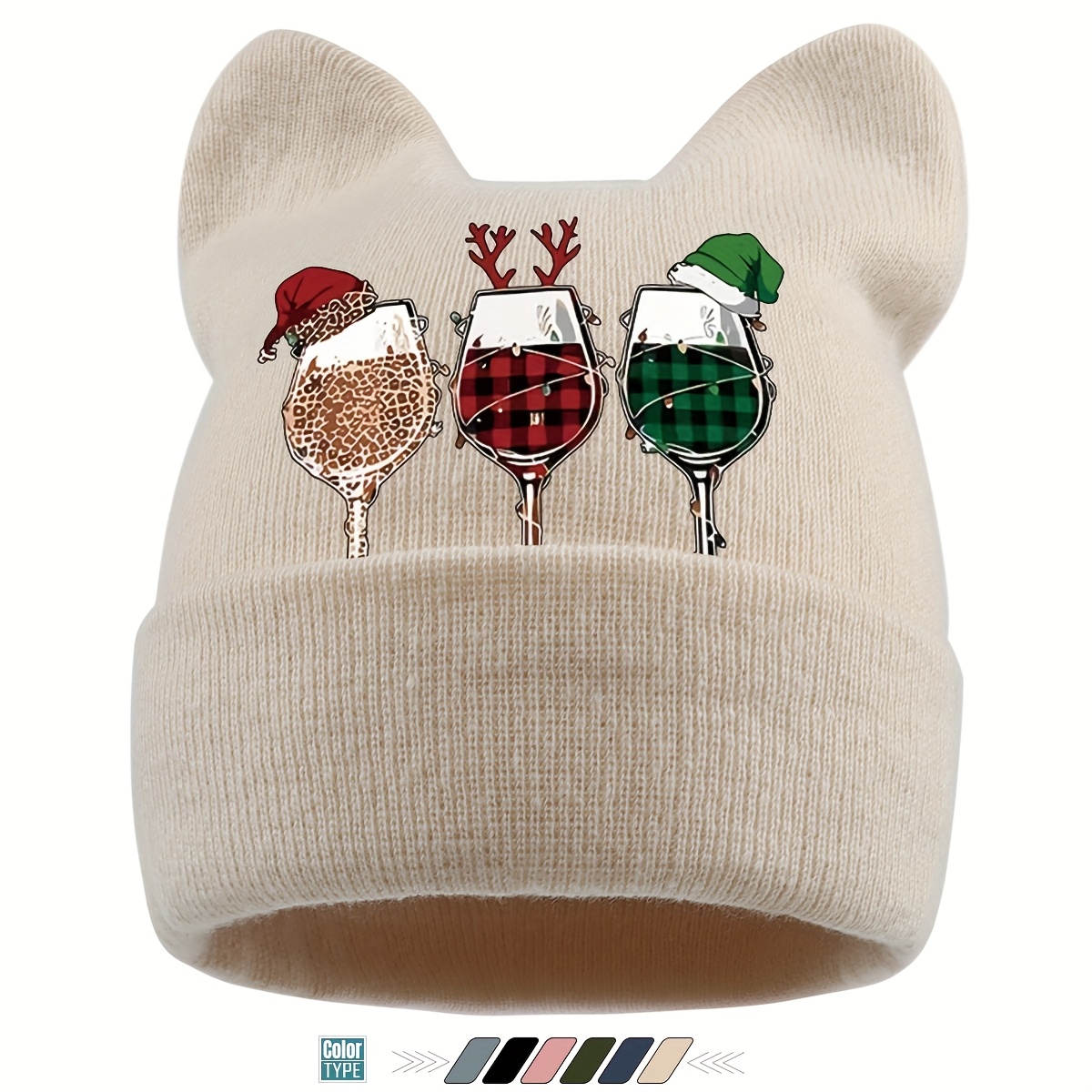 TEMU 1pc Unisex Christmas Wine Glass Pattern Print Cat Ear Hat, "merry Christmas" And Christmas Element Print Brimless Beanie, Skull Cap, Winter Warm