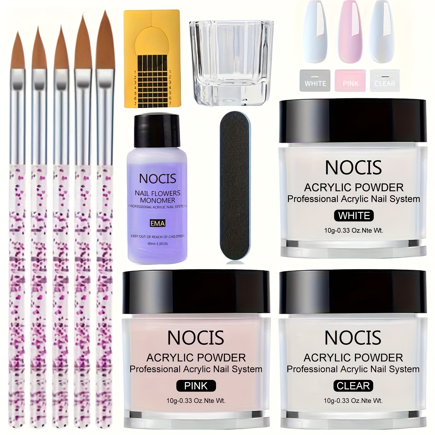 

Nocis Complete Nail Art Kit: Clear, White & Pink Acrylic Powders With Liquid & Brush Set - Ideal For Extensions, Carving & Manicure - Perfect Gift For Girls