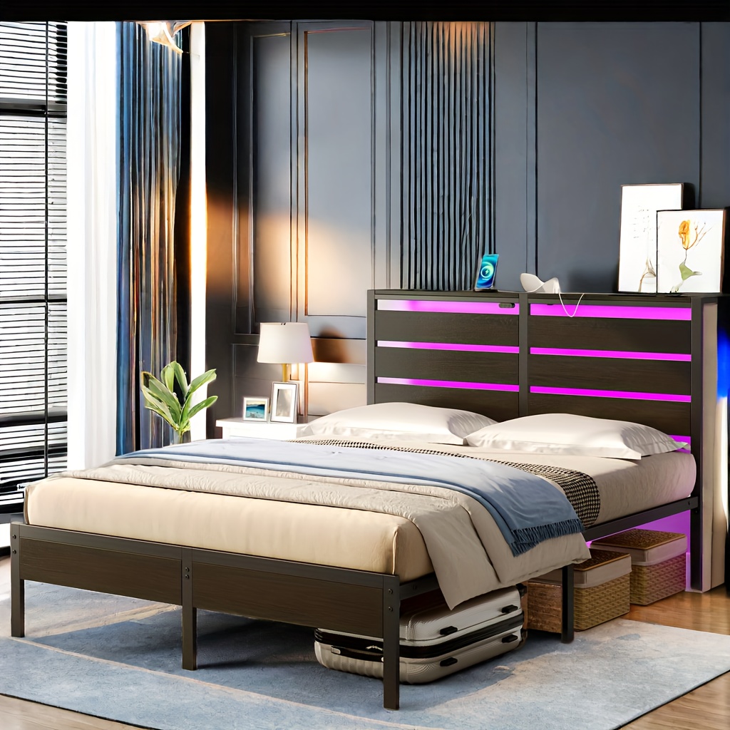 

Led Bed Frame With Under Bed Storage, Wood Storage Headboard With Charging Station And Rgb Led Lights, Stable Metal Platform Easy Assembly, No Box Spring Needed, Noise Free For Bedroom