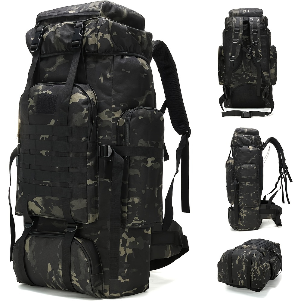 

70l Camo Hiking Backpack - Nylon, Waterproof Outdoor Sports Bag With Adjustable Straps, Multiple Pockets & Breathable Mesh Panel For Camping, Mountaineering - Machine Washable, Black Cp