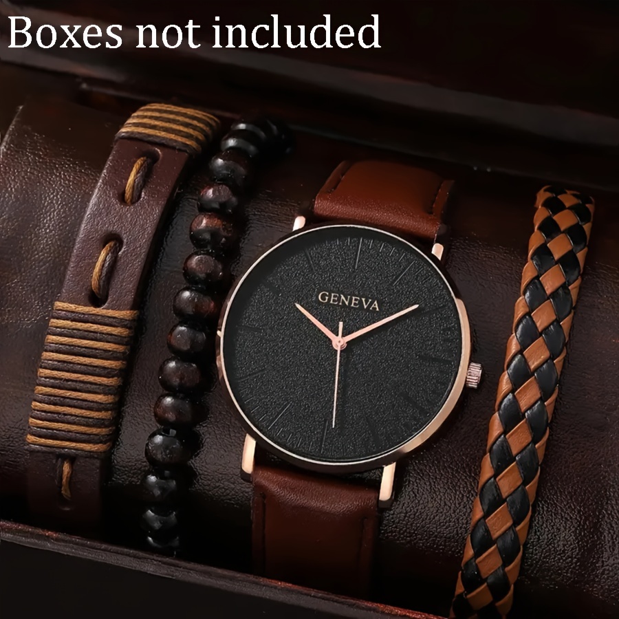 

4pcs/set Men's Business Minimalist Quartz Watch Pu Leather Wrist Watch & Bracelets, Father's Day Valentine's Day Gifts For Him