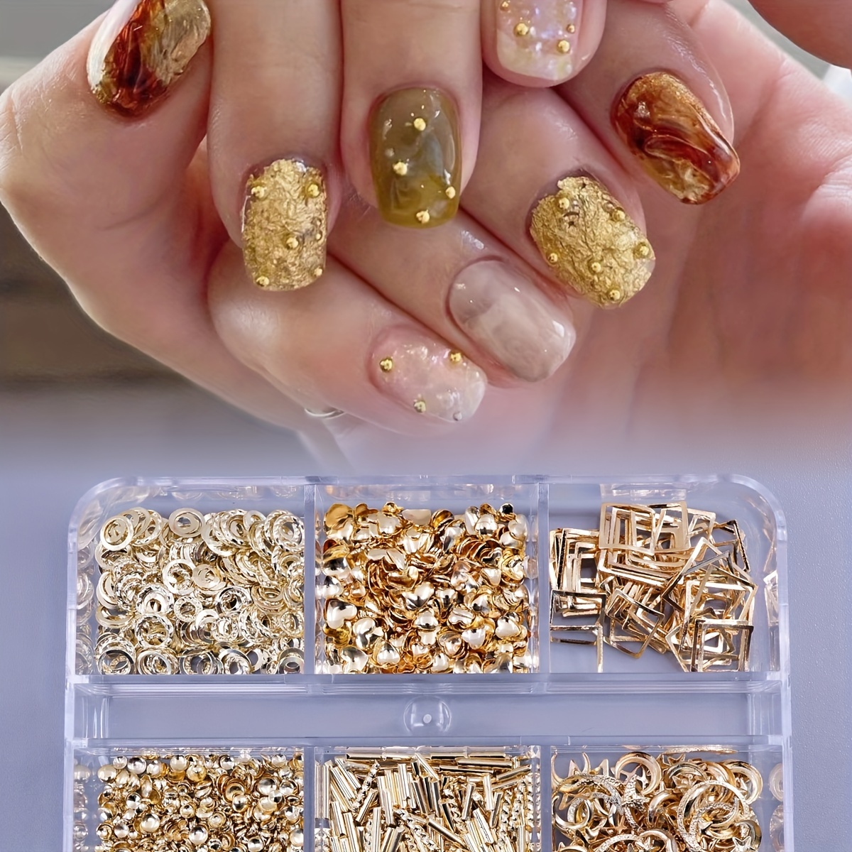 

6-grid Mixed Sizes Golden Nail Art Decorations, Metallic Studs With Hearts, Stars, Moons, Rings & Square Embellishments, 3d Copper Rivets For Punk Rock Party & Music Festival