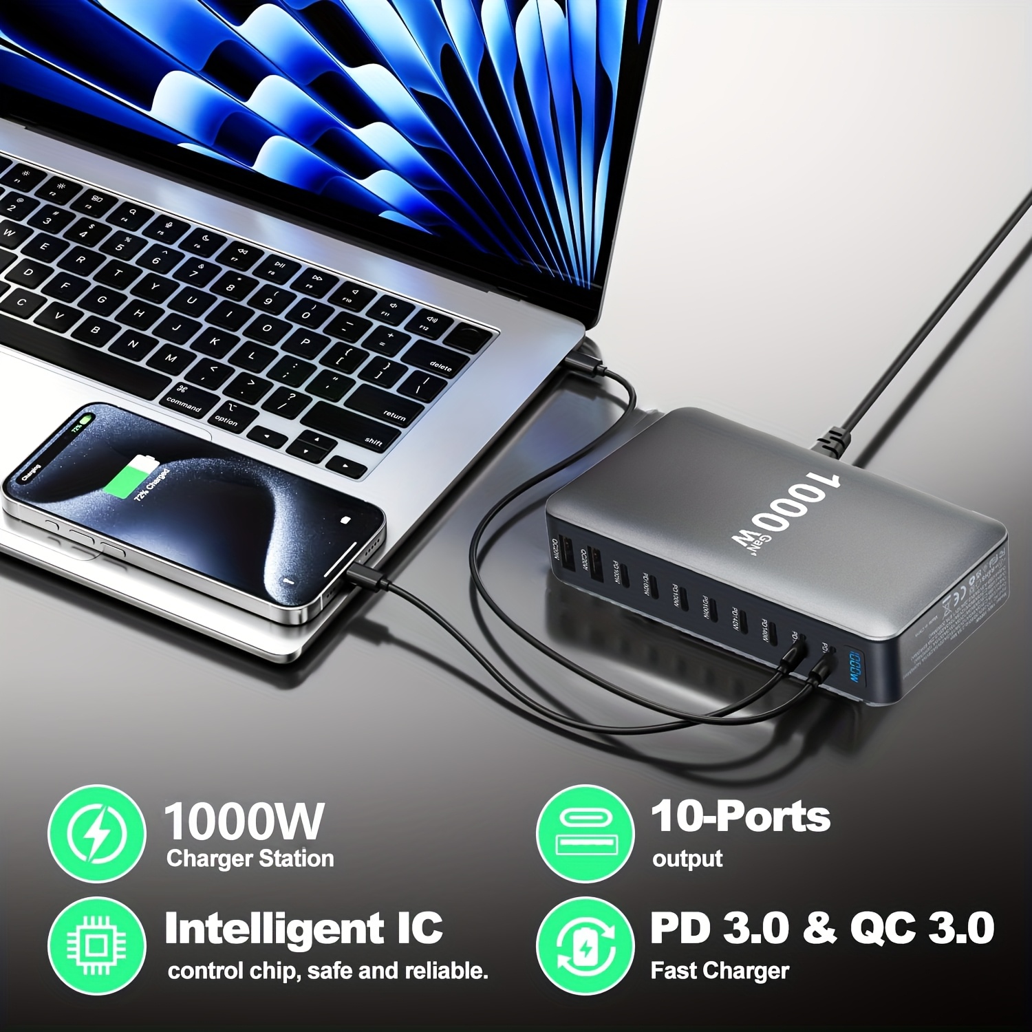 Latest 1000W USB C charger, single port up to 140W 10 port USB charger, laptop fast charger, PD power supply compatible with MacBook Pro/Or Air/Cell/Or iPhone/Or Galaxy/Or Portable/Tableta/Mobile