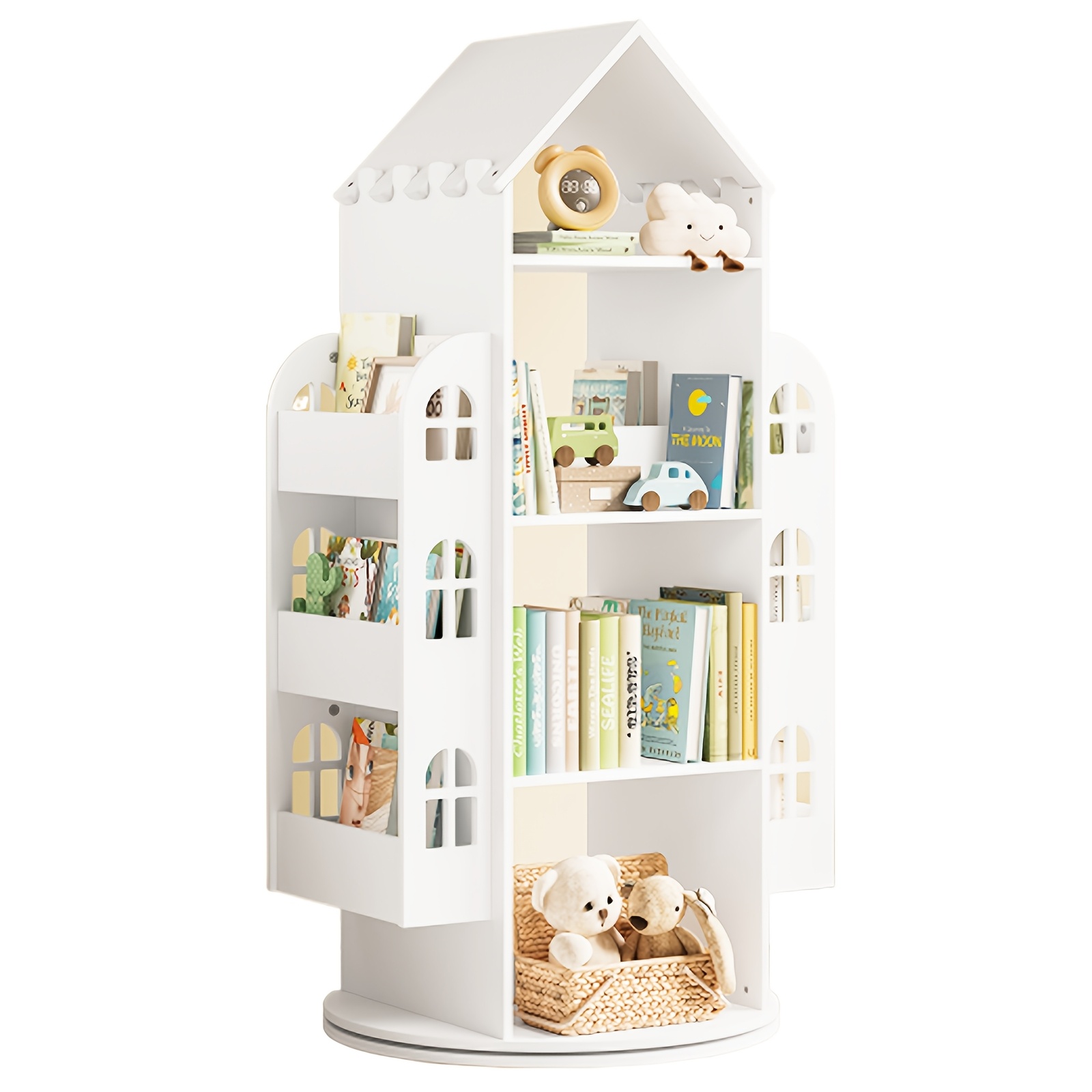 Image of 1pc Bookcase, 360 Degree Rotatable Bookshelf, Storage Shelf, Organizer With 4 Shelves, 2 Side Shelves, House Shaped Bookcase, Office Furniture, Office Cabinet, File Storage, White, Office, Study Room