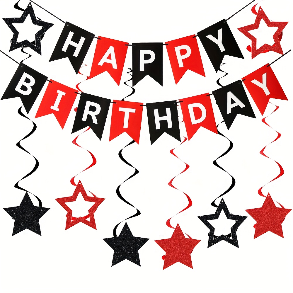 Image of Elegant Birthday Party Decorations Set With Happy Birthday Bunting Flags And Star Hanging Swirl Streamers - Includes Spiral Garland For Room, Backdrop