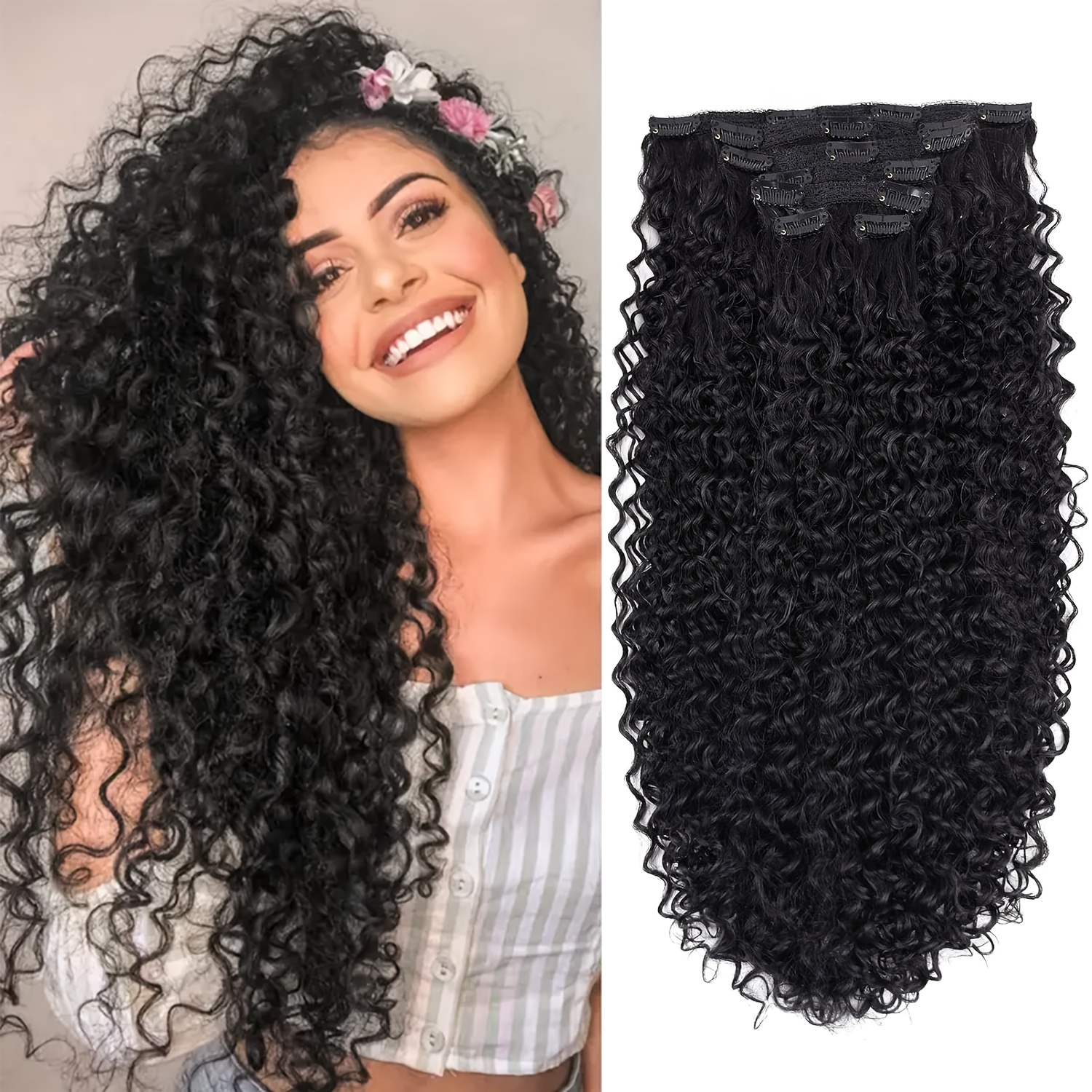 TEMU Clip In Hair Extensions - 140g 6pcs Synthetic Hair Natural Black Clip In Curly Hair Extensions For Women Hair Clip In Extensions Hairpieces,