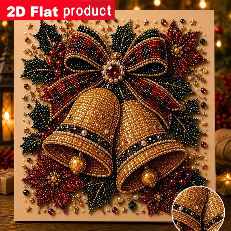 TEMU New Colored Diamond Painting Kit, Golden Bell And Red Checkered Bow Christmas Diamond Painting, Suitable For Beginners, For Home Or Office Wall