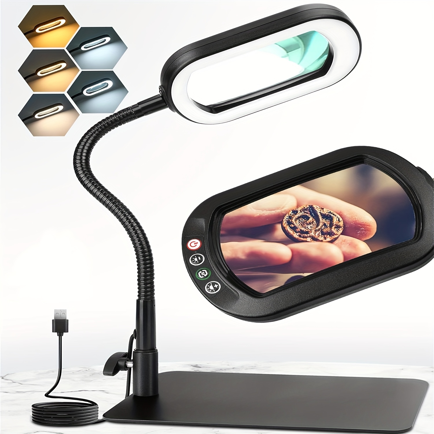 TEMU Loupe 10X avec Lumière et Support - Lampe de Bureau LED à Col Flexible, 5 de Couleur et , , pour la Lecture, l'Artisanat, la Peinture, la