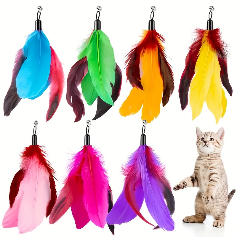 4/7pcs Colorful Feather Cat Toy Replacement Heads with Bell, Random Colors.Interactive Cat Teaser Wand Refill, Natural Feather Cat Toys for Indoor Cats, Kitten Exercise And Hunting Play.Artificial Feathers, Without Battery