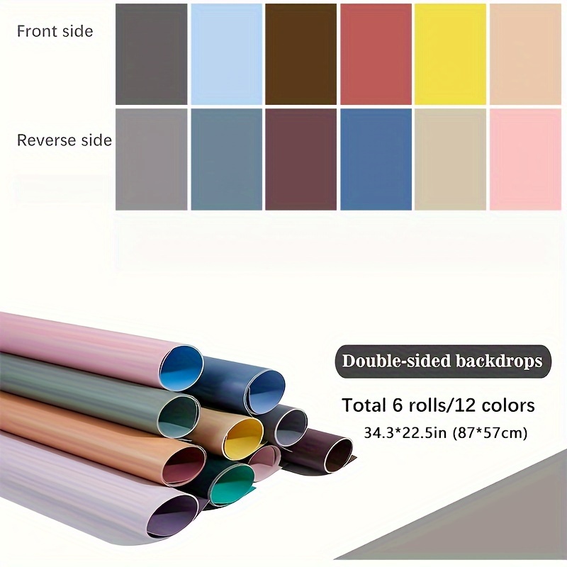 12 Colors Double-sided Backdrops: 6 Rolls of 87x57cm/34x23in PVC Photographic Background Paper - Suitable for Food, Jewelry, and Beauty Photography