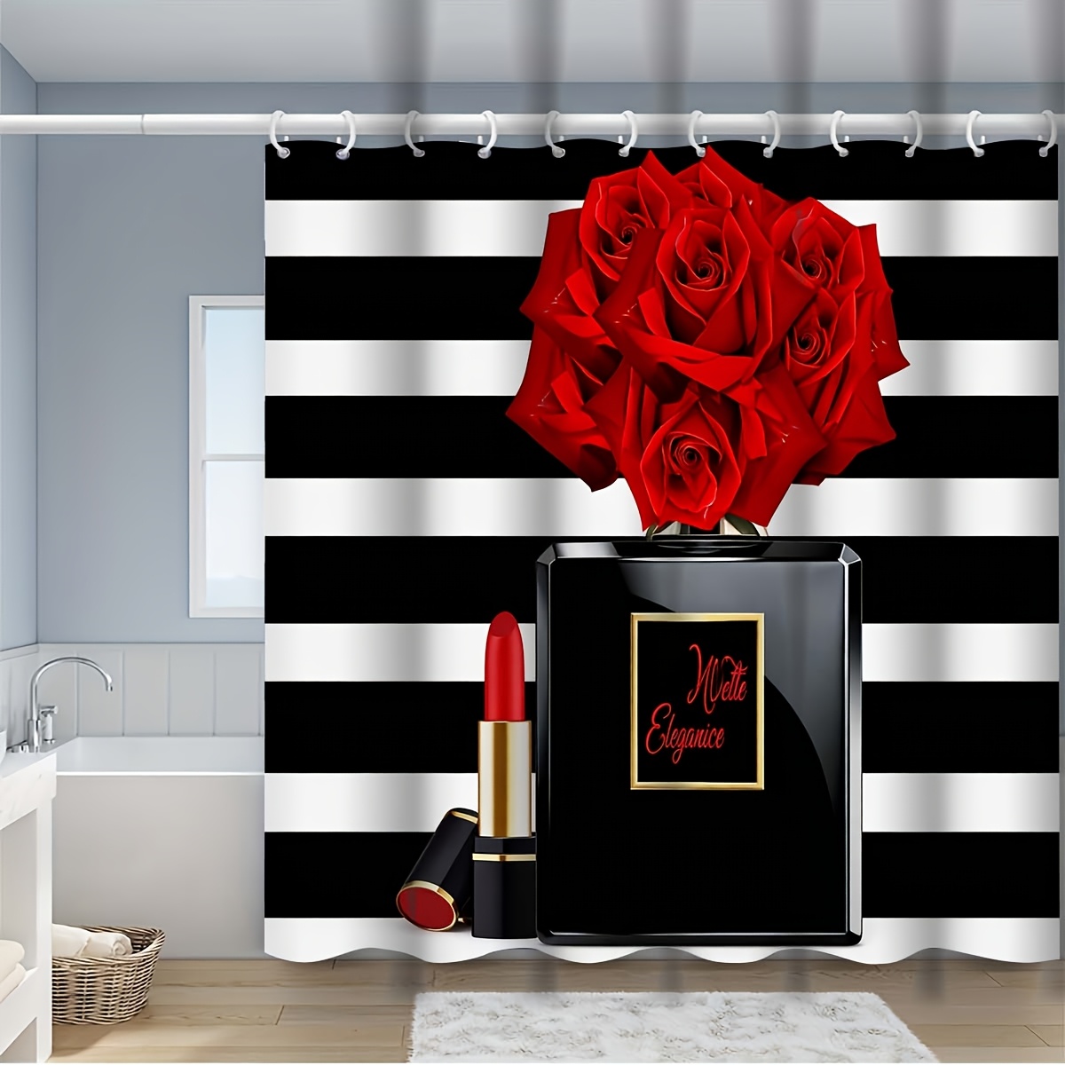 4pcs Classic Red and Black Rose Shower Curtain Set
