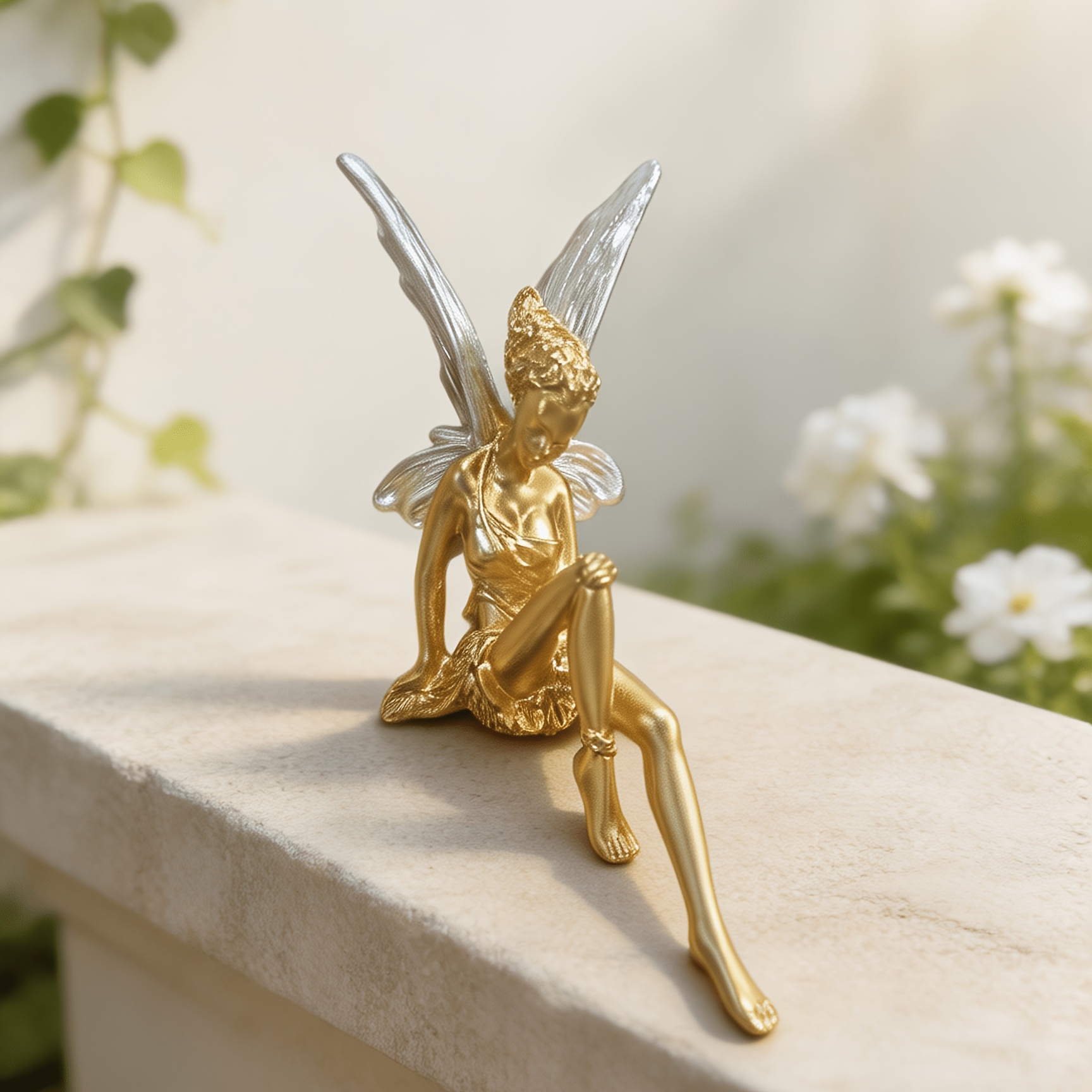 TEMU 1pc Collectible Figurines Golden Matte Sitting Dangling Legs Flower Fairy Resin Ornament Silvery Gradient Wings Elf Sculpture Relief Hair Skirt