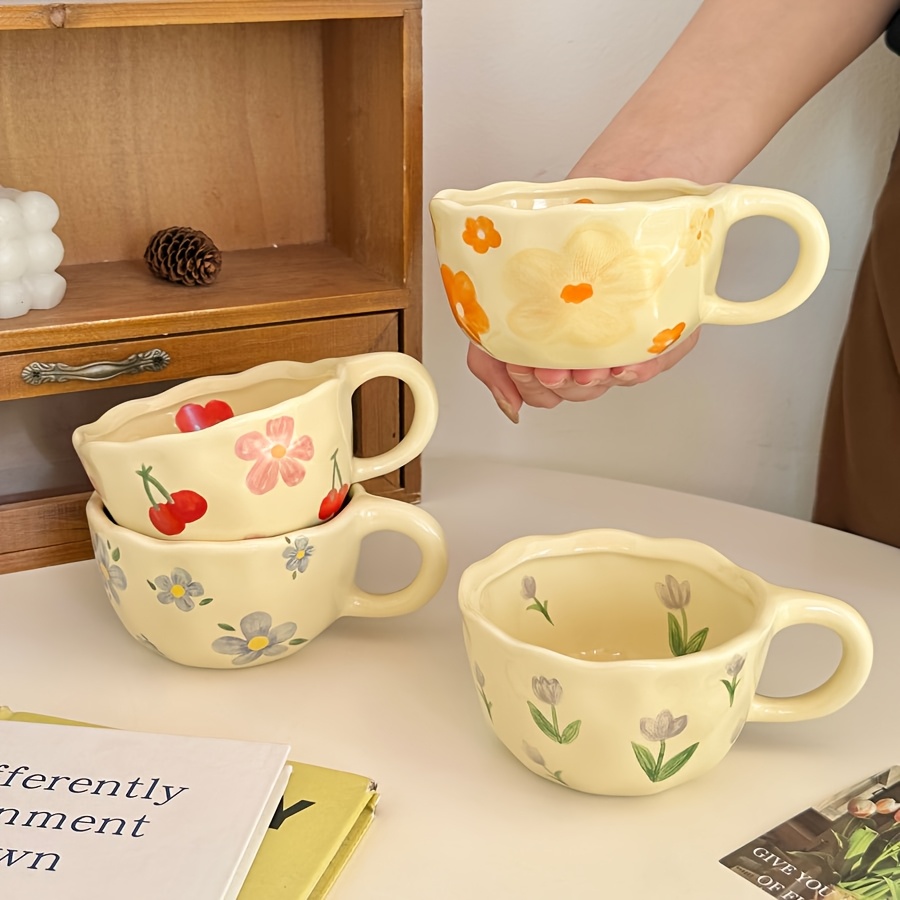 4pcs 1 set of cups 8 5oz hot selling ceramic cups tulip cups cherry small flower mugs matcha tea cup oatmeal cups breakfast cups coffee cups flower tea cup birthday gifts christmas halloween or caf e use reusabl Product details 1