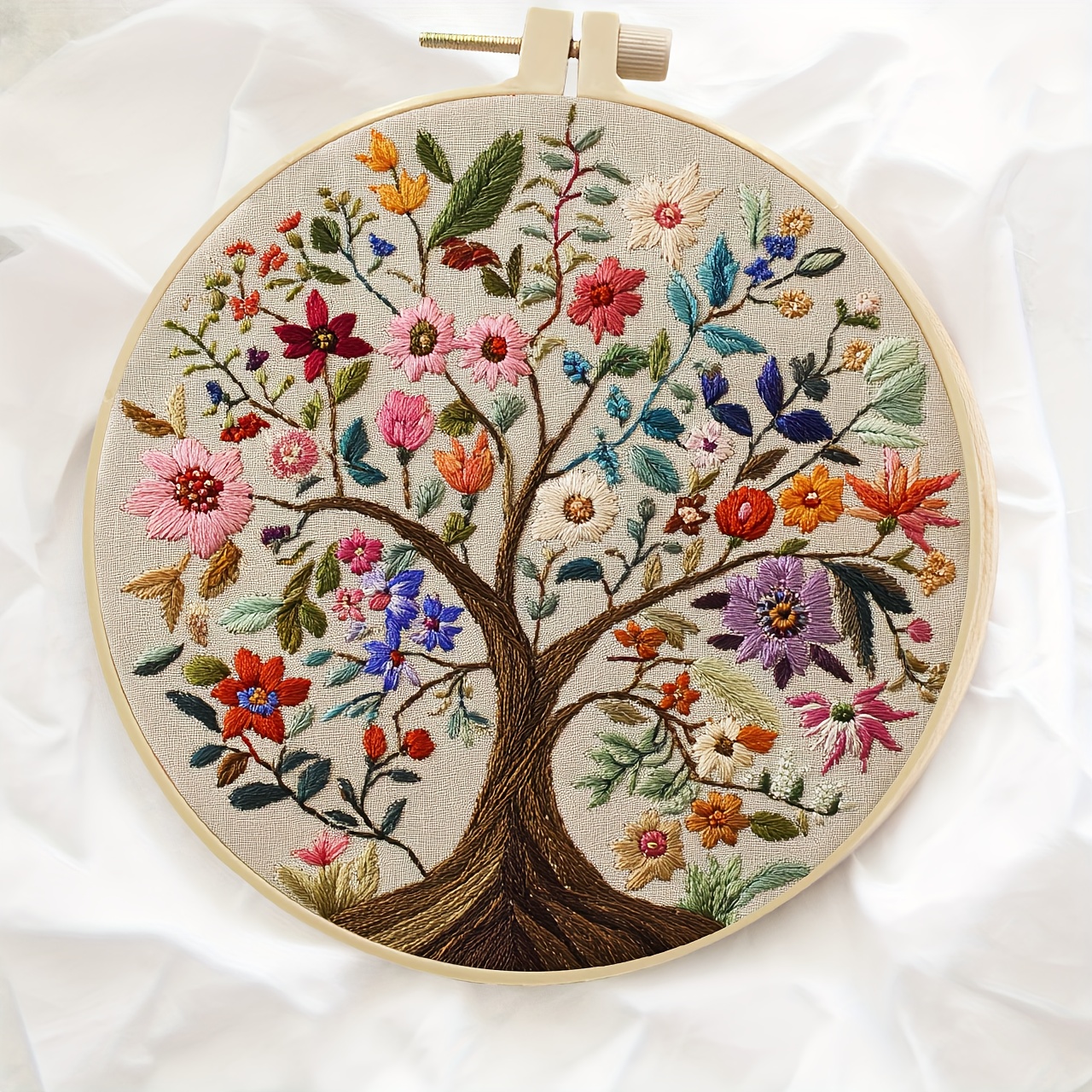 complete adult beginner embroidery kit tree floral hoop