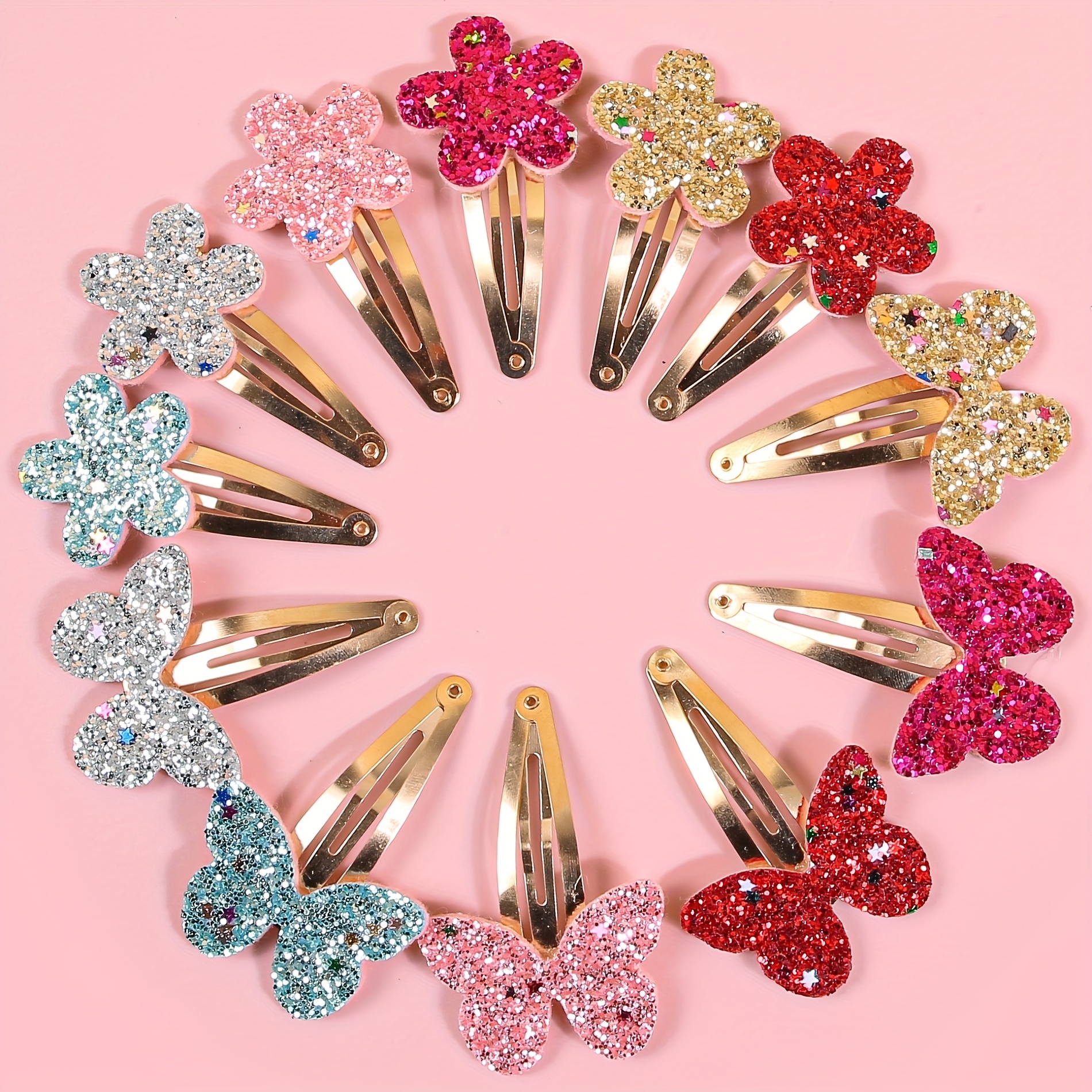 

12pcs Glitter Flower Hair Clips Set, Cute Minimalist Style, Pu Material, Floral Shape, Color Matching, With Sparkling Sequin Hair Accessories For Weddings, 14+