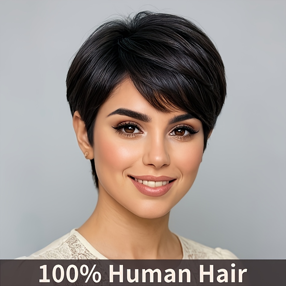 TEMU Perruque en Cheveux Humains Brésiliens Perruque à Cheveux Lisses Coupe Courte avec Frange Noir Naturel Coiffure Instantanée Convient aux Femmes