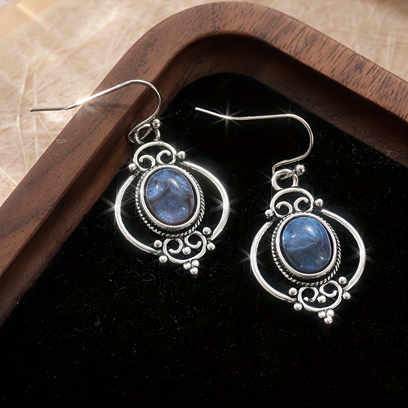 TEMU 1 Pair Elegant Geometric Irregular Bohemian Style Earrings, Oval Inlaid Design, Hollow Carved Craft, Retro Fashion Ethnic Style Ear Jewelry,