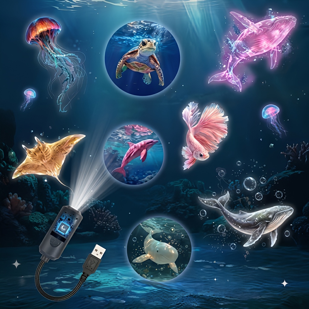 TEMU 1pc Ocean Dream Projector Night Light, 8 Interchangeable Marine Creature Patterns, Usb Powered, 360Â° Rotatable, Create , Universal For Car,