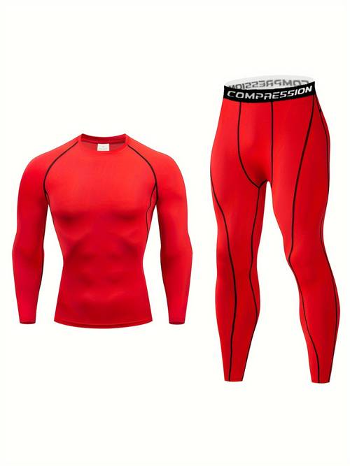 2pcs set mens spring autumn sports sweat wicking quick dry high stretch fitted base layer long sleeve top and long pants solid color set