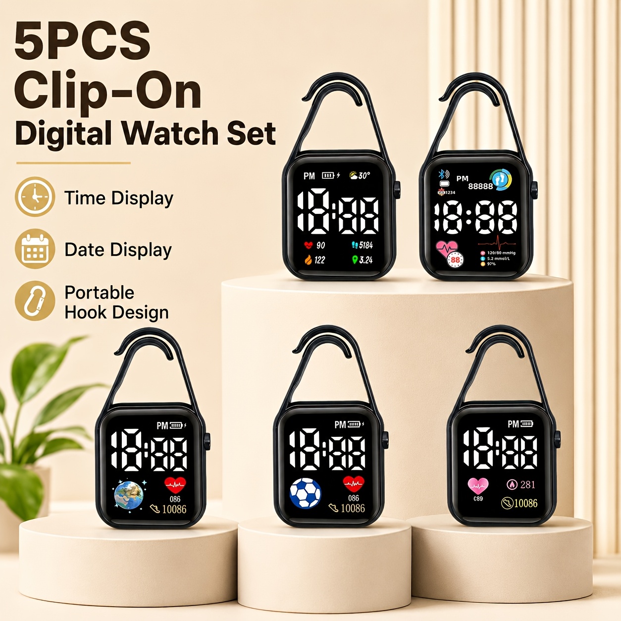 5-Pack Matte Black Square Electronic Watch Set, Unisex