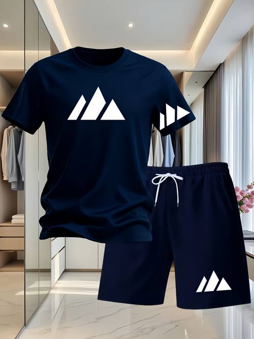 herren freizeit sportliches mode 2-teiliges set mit kurzarm-t-shirt shorts, trendiges 2d-gedrucktes muster, herren sommer 2-teiliges sport-set mit kurzarm-t-shirt shorts, atmungsaktives, schnelltrocknendes t-shirt aus polyesterfaser mit rundhalsausschnitt shorts mit kordelzug, 2-teiliges set, für