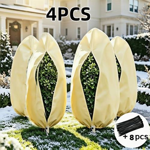 photo de l'article ensemble de 4 protections anti-gel magiques ! couverture respirante et , fermeture éclair à cordon de serrage, protection complète pour arbres fruitiers, arbustes et plantes en pot, au froid et réutilisable