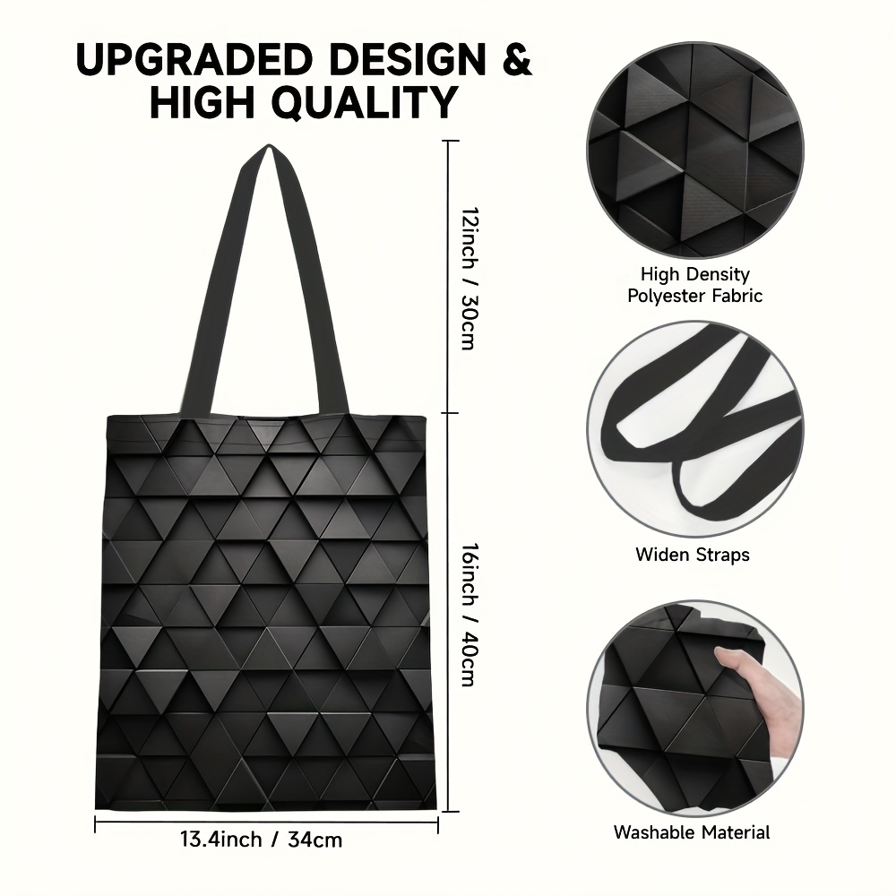 TEMU 1 бр. Стилен Черен Геометричен Трикотаж Полиестерова Чанта - Голям Капацитет, Отворена Горна Част за Работа, Училище и Пазаруване, Издръжлива