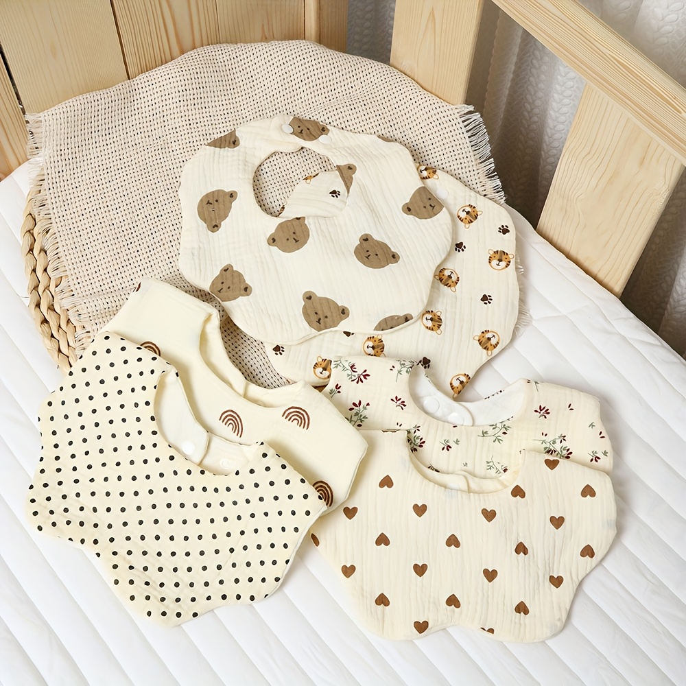 5pcs (random Assortment) Reusable Bibs With Snap Fastener - Soft Breathable Nursing Bibs For Breastfeeding, , Cute Animal & Flower Patterns, Multicolor For &, To Years