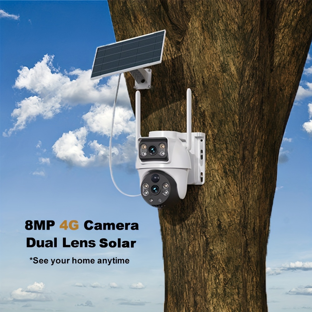 TEMU 8mp Outdoor Security Camera With Dual Lens, 4g Smart System, Audio, Night Vision, Motion Detection Alerts, App & Solar Panel Suitable For Home