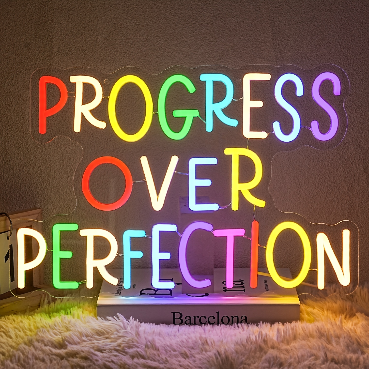 TEMU Usb-powered Dimmable Led Neon Sign Saying 'progress Over Perfection', Perfect Wall Decoration For Classrooms, Gyms, Bedrooms, Parties, And As A
