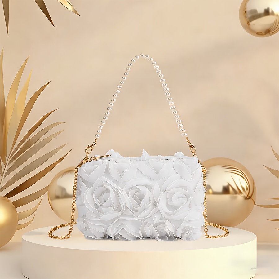 Image of 1pc Elegant Rose Flower Party Prom Pearl Clutch Evening Bag With Chain Strap, Single Strap Crossbody Bag For Girls, For Teenager