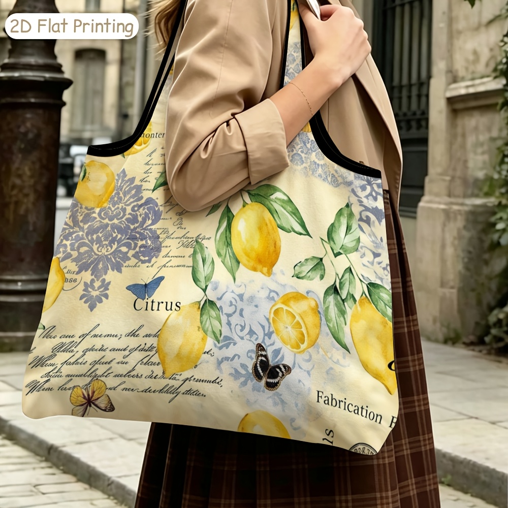 TEMU 2d Flat Printing, 1pc Portable Shopping Bag, Women's S Capacity Travel Tote Bag, Watercolor Lemon Vintage Floral Print Beach Bag, Double