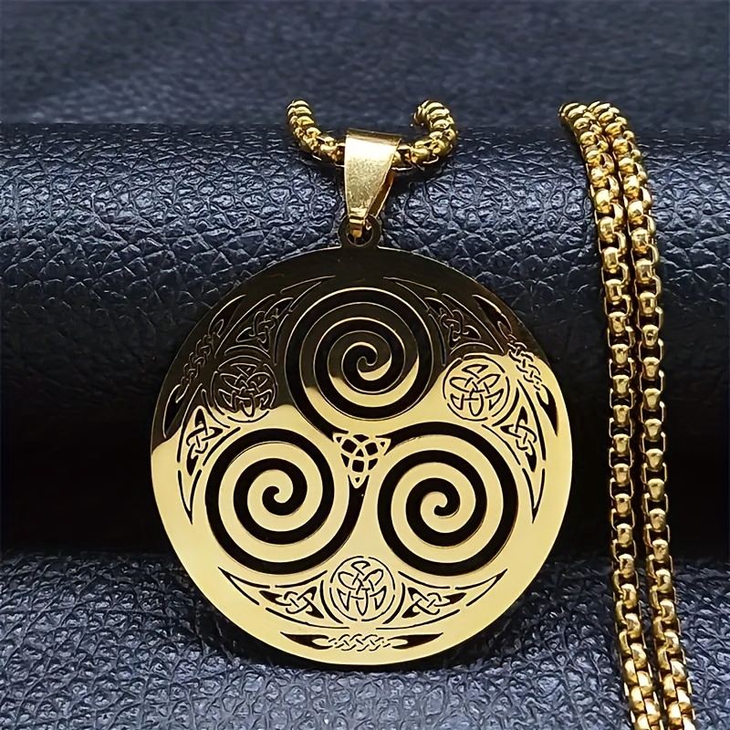 Image of 1pc Fashion Stainless Steel Spiral Celtic Witch Knot Round Pendant Necklace - Men And Women Casual Party Versatile Necklace, Birthday Christmas Gift, For Halloween