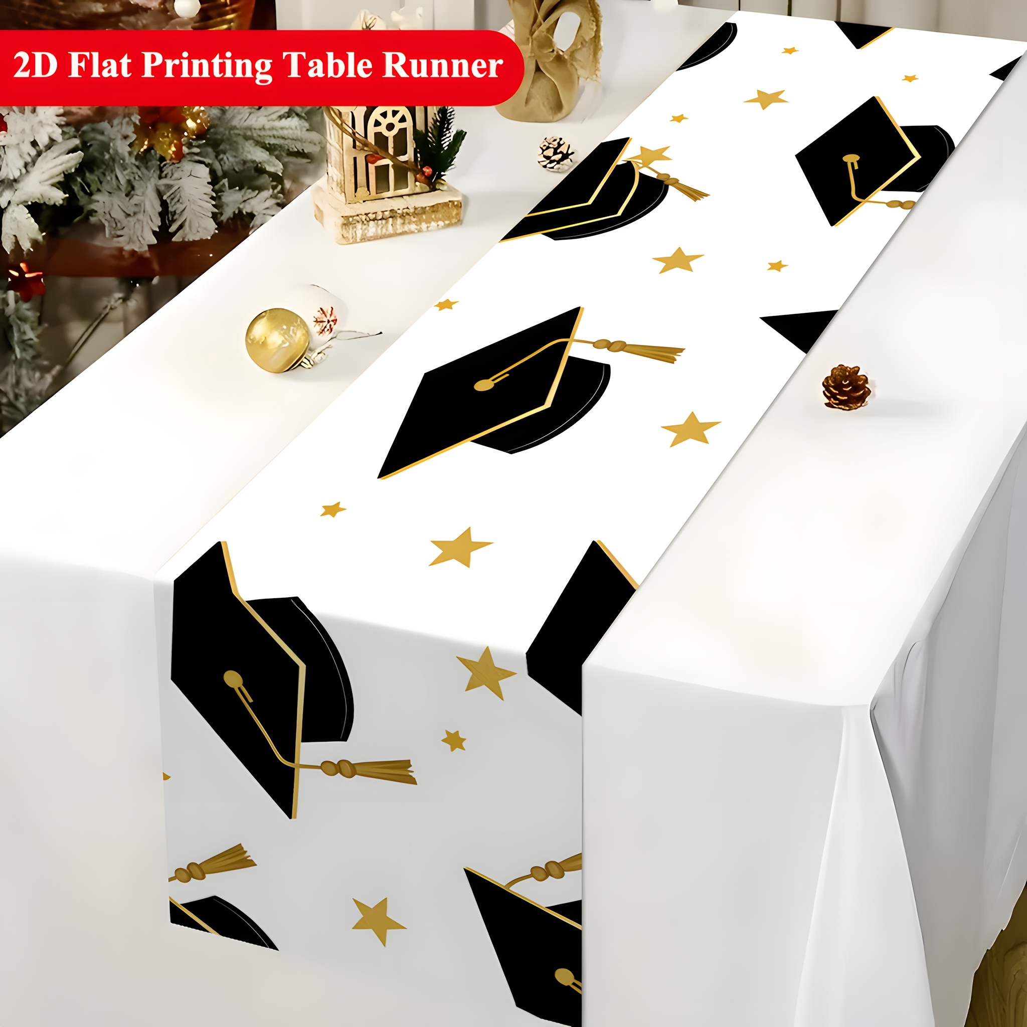 TEMU 1pc 2d Table Runner, Graduation And Table Runner, Holiday Party Tablecloth, Festive Desktop Decoration Fabric Table Runner, Home Decor, Table