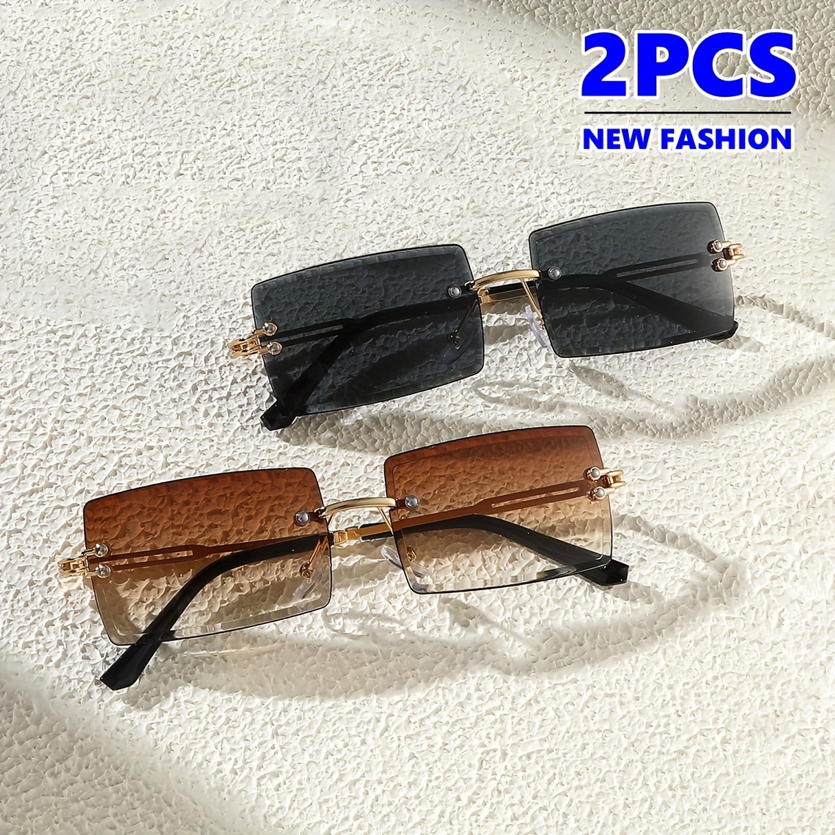 

2pcs Unisex Frameless Fashion Glasses With Metal Hinge - Trendy Rectangular Mirrored Pc Lens For Hiking, Casual Gatherings & Travel Gift