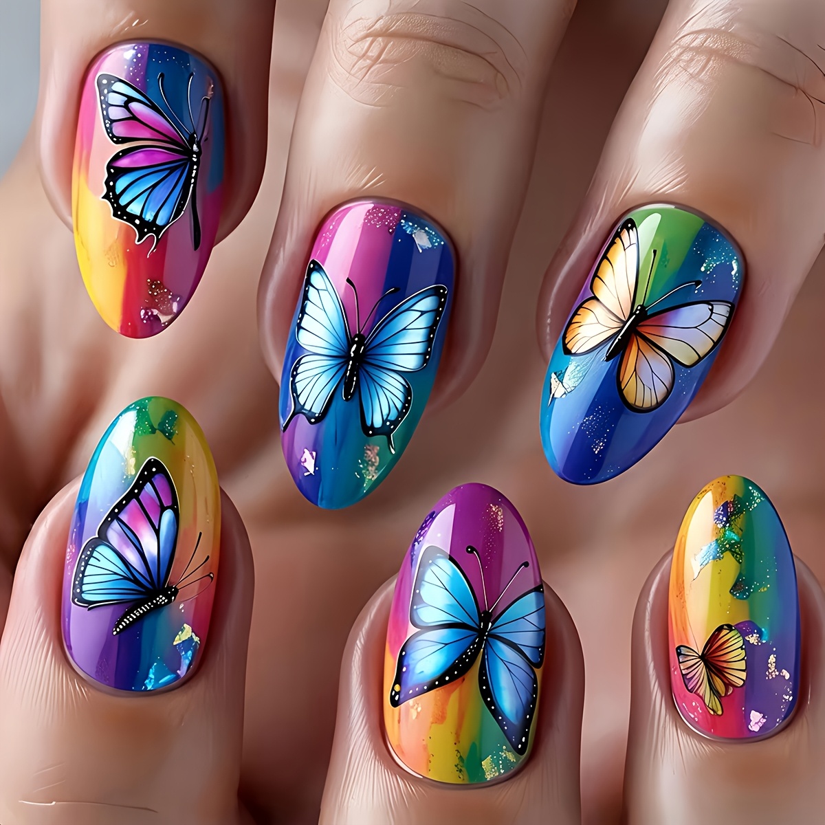 TEMU 24pcs Mid-length Wearable Nails Sweet Blue Fake Nail Patches Purple Contrast Fake Nail Patches Gradient Wearable Nails Convenient For Daily