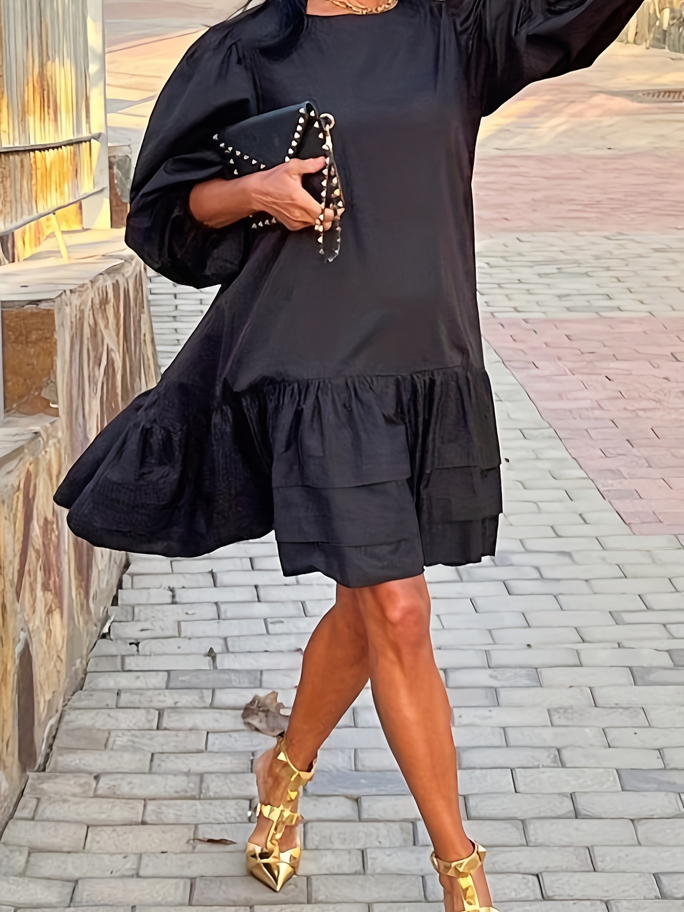 womens elegant casual black pleated dress puff sleeves a Temu Canada