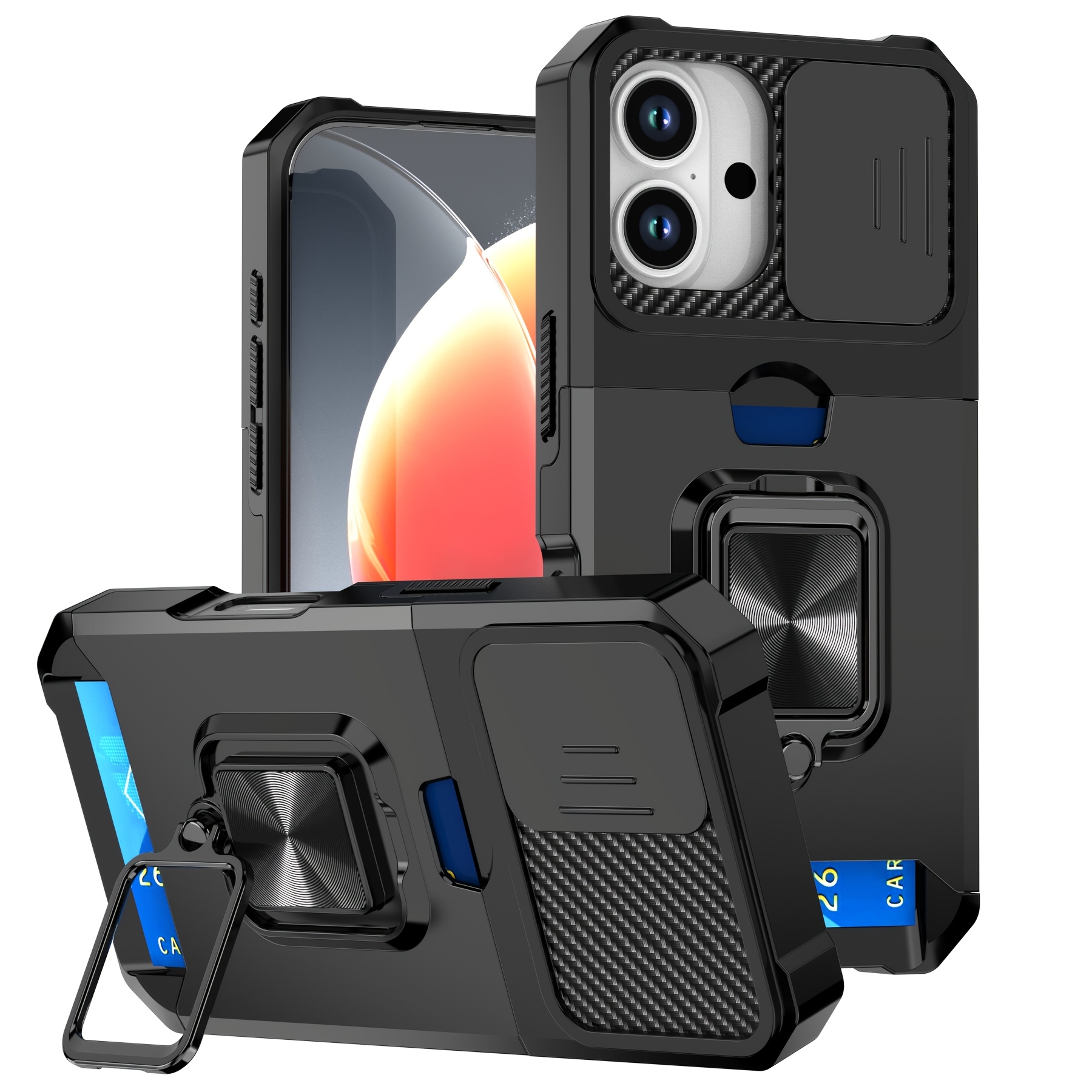 TEMU Phone Case - Case For Iphone 16, 15, 14, 13, 12, 11 Pro Max, Xs, Xr, Plus, And Mini Models With Sliding Camera Card Slot And Ring Stand