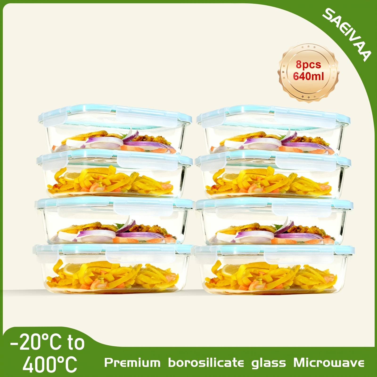 TEMU Saeiv 8pcs Glass Food Storage Containers Set, Glass Meal Prep Containers, Portable Glass Containers, 640ml Bento Box, Glass Storage Containers