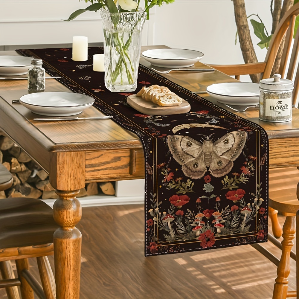 

Forest Table Runner: Holiday Kitchen Decor - Poppy Moth, Mushrooms, And Moon Magic - Suitable For Indoor And Outdoor Use - Machine-made Polyester