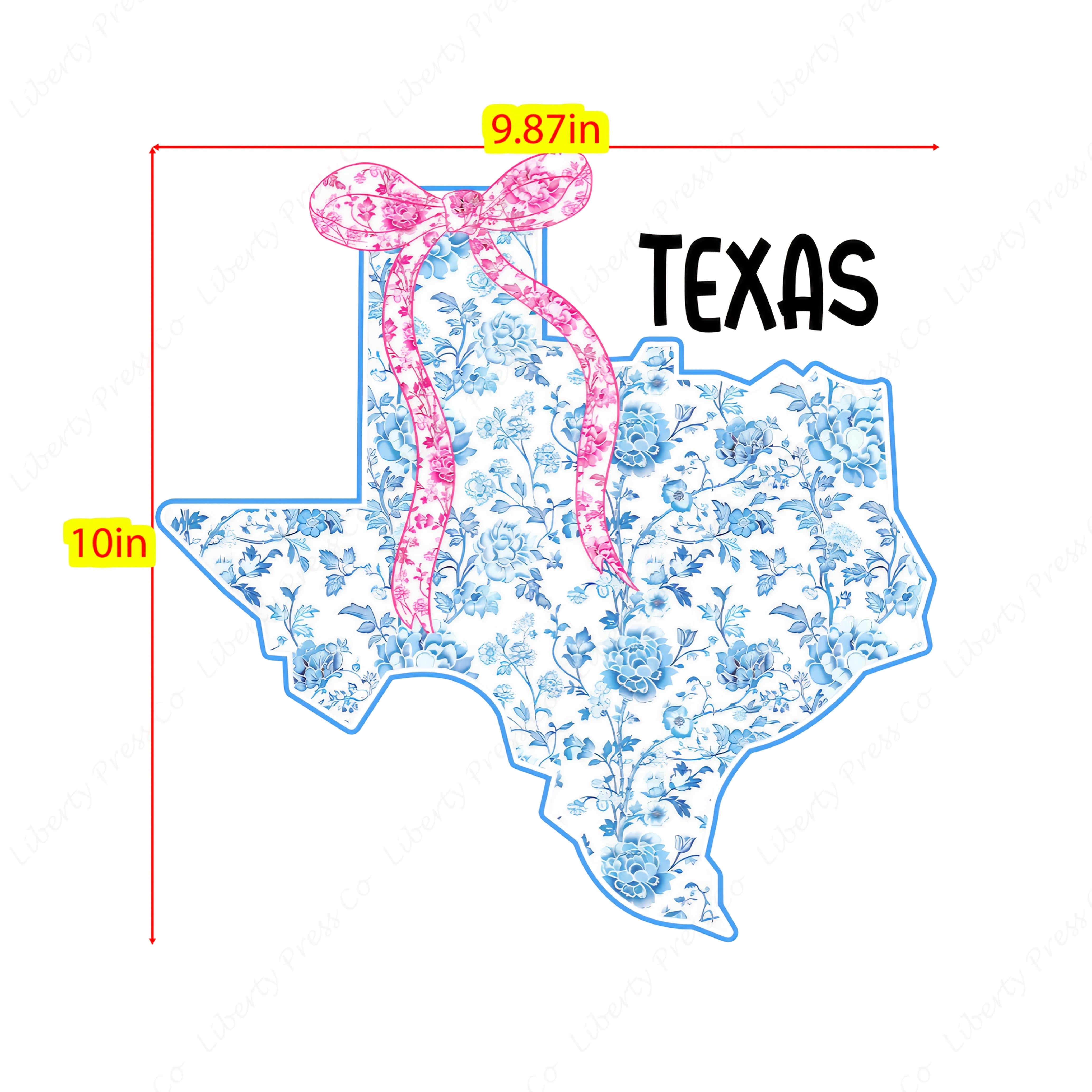 TEMU Dtf Heat Transfer Patch Blue Floral Toile State Map W/ Pink Bow (texas, , ), Cute Iron-on For T-shirts, Hoodies, Tote Bags, Applique (multiple