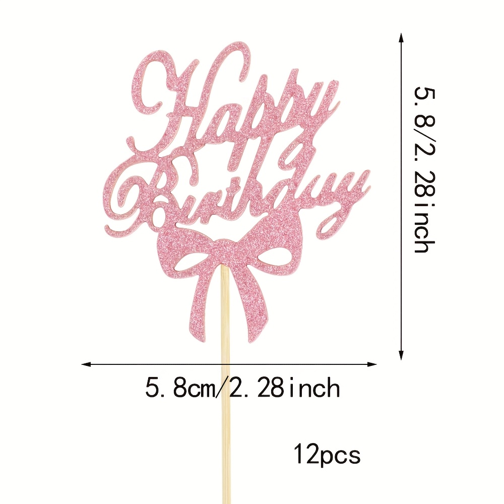 Image of 12-pack Pink Bow Birthday Cupcake Toppers For Girls, Bowknot Birthday Cake Decorations, School