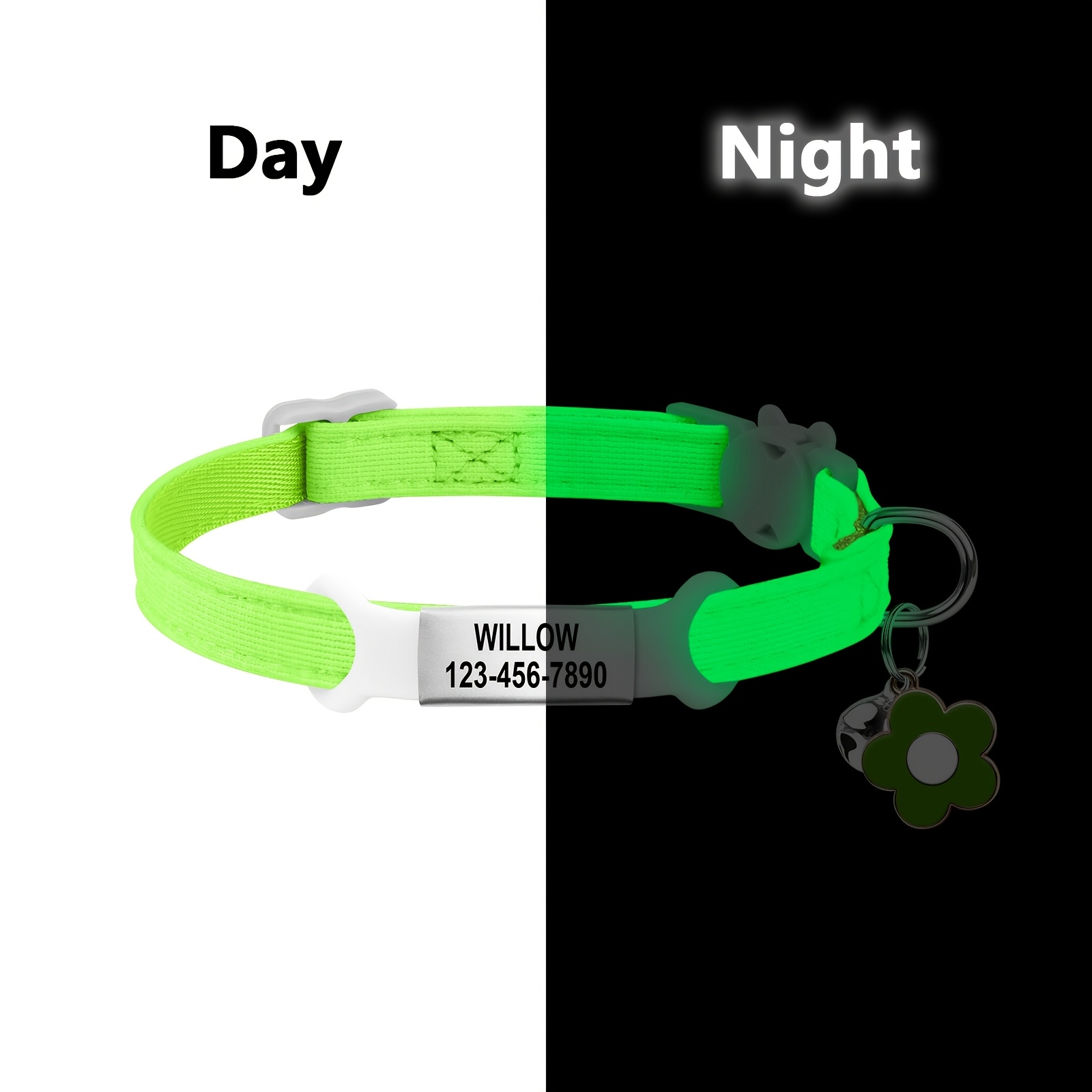 TEMU (Aangepast) -the-dark kattenhalsband met ID-tag, laser gegraveerde informatie over huisdieren ( tot 26 tekens) 4 kleuren geschikt voor meer dan
