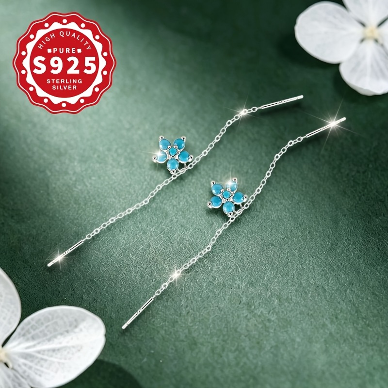 Women's S925 Silver Blue Floral Double Chain Ear Thread, Elegant Gift