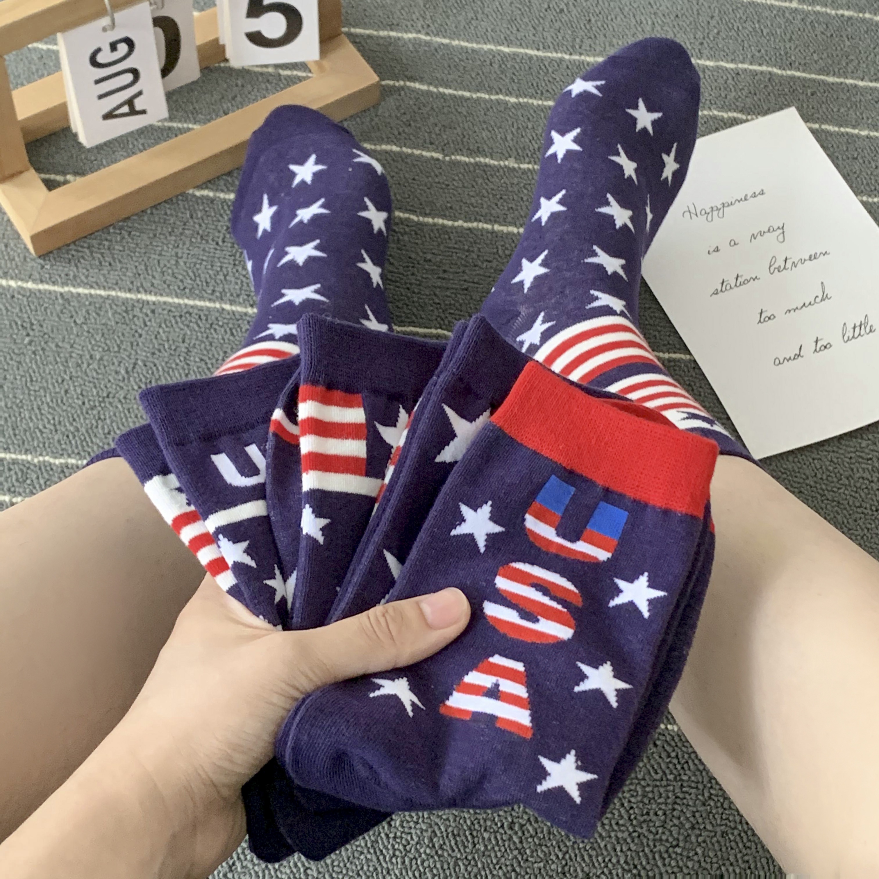

5 Pairs Novelty National Flag Socks, Trendy Independence Day Unisex Mid Tube Socks, Women's Stockings & Hosiery Autumn